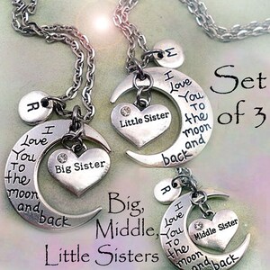 Conjunto de 3 hermanas mayores, medianas y pequeñas: Te amo hasta la luna y de regreso. Collares para hermana mayor, mediana y pequeña con dijes de letras.