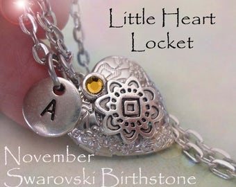 Little Heart Locket November Birthday Personalized w-Swarovski Birthstone and Letter Charm, November Birthday Gift, November Birthstone
