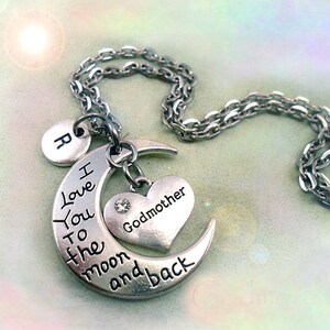 Collar de madrina, te amo hasta la luna y de regreso. Dije personalizado con la letra W de tu elección. Cumpleaños de madrina, regalo de madrina.