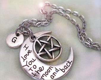 Collier pentacle, I Luv You to the Moon and Back, breloque lettre w personnalisée au choix, pentagramme, protection pentacle, cadeau wicca