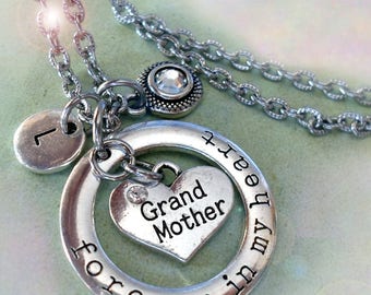 Grandmother Necklace, Forever in My Heart Personalized w-Letter Charm & Swarovski Birthstone Crystal, Grandma Gift, Grandmother Birthday