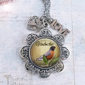 Grandmother Necklace w-Heart and LOVE Charms, Grandma Gift, Grandmother Birthday Gift, I Love My Grandmother Gift, Beautiful Robin Necklace