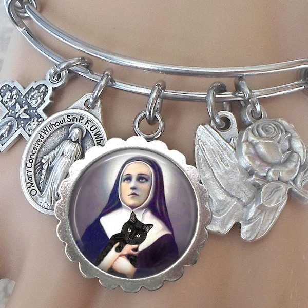 Saint Gertrude of Nivelles with Sweet Black Cat Bangle Bracelet, Confirmation Gift, Patron Saint of Cats and People Who Love Them!