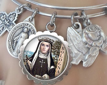 4 Sizes Extra Small to Large Catholic Confirmation Gift Catherine of Bologna Bangle Bracelet St Patron Saint Charm Jewelry