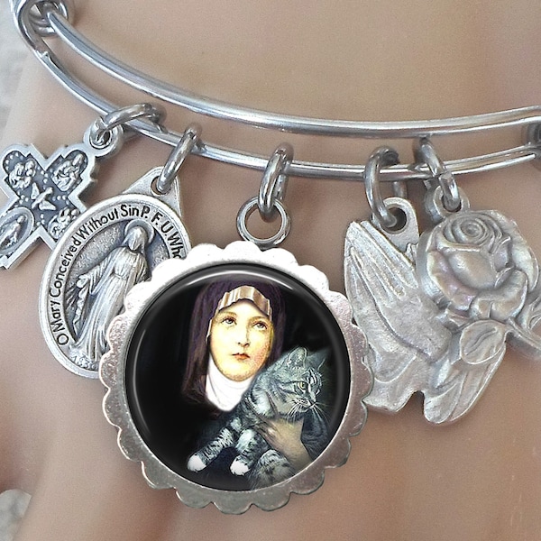 Saint Gertrude of Nivelles with Cute Gray Tabby Bangle Bracelet, Confirmation Gift, Patron Saint of Cats and People Who Love Them