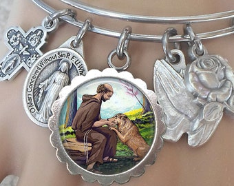 Saint Francis of Assisi with Sweet Dog Bangle Bracelet, Confirmation Gift, Patron Saint of Animals, Ecology, Merchants, Poor People, Italy