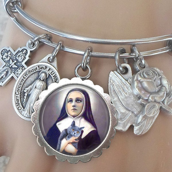 Saint Gertrude of Nivelles with Cute Gray Cat Bangle Bracelet, Confirmation Gift, Patron Saint of Cats and People Who Love Them!