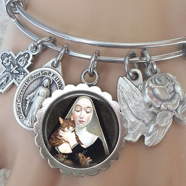 Saint Gertrude of Nivelles with Cute Tabby Cat & Mice Bangle Bracelet, Confirmation, Patron Saint of Cats and People Who Love Them!