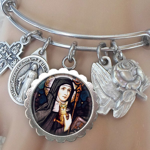 Saint Gertrude of Nivelles with Cute Orange Tabby Cat Bangle Bracelet, Confirmation Gift, Patron Saint of Cats and People Who Love Them!