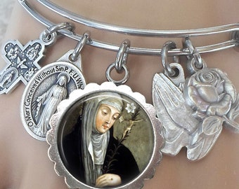 Saint Catherine of Siena Bangle Bracelet, Patron Saint of Nurses, Sick People, Miscarriages, Against Fire, Bodily Ills, Crafted with Love