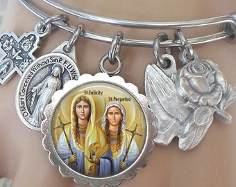 Saint Felicity and Saint Perpetua Bangle Bracelet, Confirmation Gift, Patron Saint of Mothers, Expectant Mothers, Ranchers, Butchers