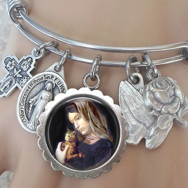 Saint Gertrude of Nivelles with Sweet Orange Tabby Cat Bangle Bracelet, Confirmation Gift, Patron Saint of Cats and People Who Love Them!
