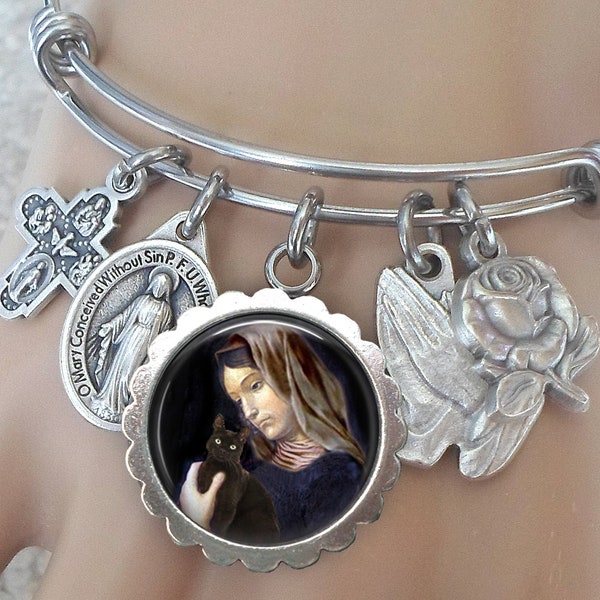 Saint Gertrude of Nivelles with Cute Black Cat Bangle Bracelet, Confirmation Gift, Patron Saint of Cats and People Who Love Them!