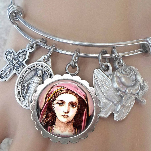 Saint Agatha Bangle Bracelet, Patron Saint of Breast Cancer, Nurses, Rape Victims, Jewelers, Bakers, Natural Disasters, Crafted with Love