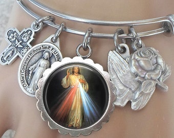 Divine Mercy of Jesus Bangle Bracelet, Ask for Mercy, Be Merciful, Complete Trust in Jesus, Confirmation Gift, Handcrafted with Love