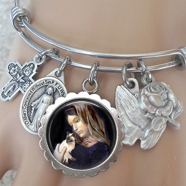 Saint Gertrude of Nivelles with Siamese Cat Bangle, Confirmation Gift, Patron Saint of Cats and People Who Love Them, Crafted with Love