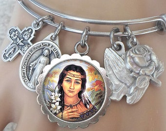 Saint Kateri Tekakwitha Bangle, Lily of the Mohawks, Patron Saint of Ecology, Native Americans, the Environment, Handcrafted with Love