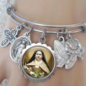 Saint Therese of Lisieux Bangle Bracelet, Patron Saint of Gardeners, HIV/AIDS Sufferers, Loss of Parents, Orphaned Children, the Homeless