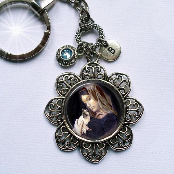 St. Gertrude of Nivelles with Siamese Cat Keychain or Zipper Pull, Patron Saint of Cats and People Who Love Them, Birthstone Crystal