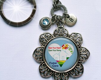Foster Care Keychain or Zipper Pull w-Birthstone Crystal and Letter Charm, Foster Family, Foster Parent Gift, Foster Families Rock!