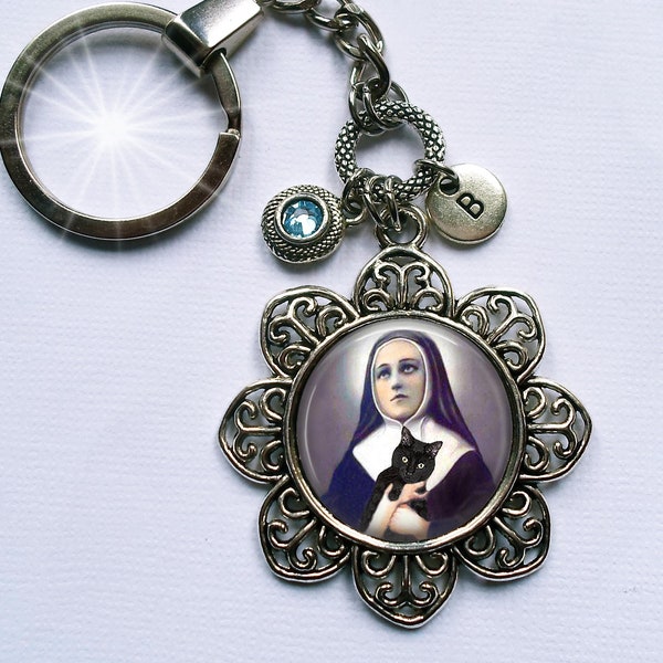 St. Gertrude of Nivelles with Black Cat Keychain or Zipper Pull with Birthstone Crystal, Patron Saint of Cats and People Who Love Them