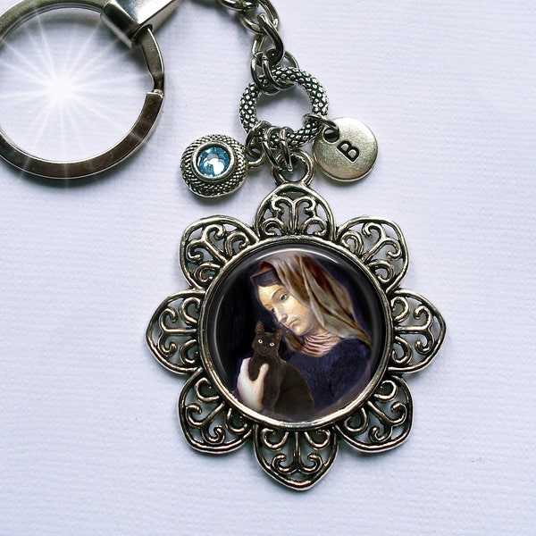 Saint Gertrude of Nivelles with Black Cat Zipper Pull or Keychain with Birthstone Crystal, Patron Saint of Cats and People Who Love Them