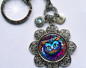 Psychedelic Cheshire Cat Keychain or Zipper Pull with Swarovski Birthstone Crystal & Letter Charm * Handcrafted with lOve!