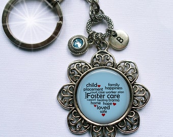 Foster Family Keychain or Clip with Sparkling Birthstone Crystal and Letter Charm of Your Choice, Handcrafted with Love!