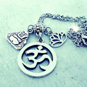 Aum Necklace with Buddha and Lotus Flower Charms, Yoga Gift, Om, Meditation, Hindu, Mantra, Yoga Lover Gift, Om Necklace