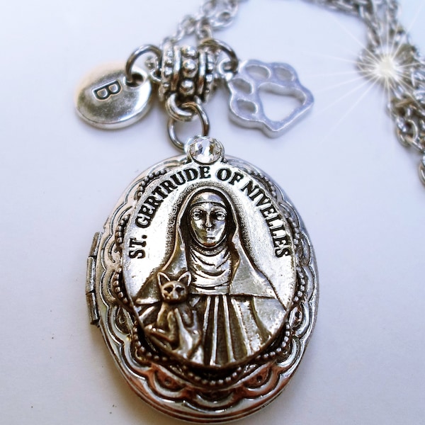 St. Gertrude Locket w-Letter Charm of Your Choice, Patron Saint of Cats, Cat Lover Gift, Saint Gertrude of Nevilles, Crafted with lOve!