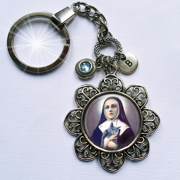 St. Gertrude of Nivelles with Gray Kitty Keychain or Zipper Pull with Birthstone Crystal, Patron Saint of Cats and People Who Love Them