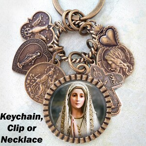 Our Lady of Fatima, Mother Mary Keychain, Clip or Necklace, Catholic Jewelry, Confirmation Gift, Customizable, Handcrafted with lOve!