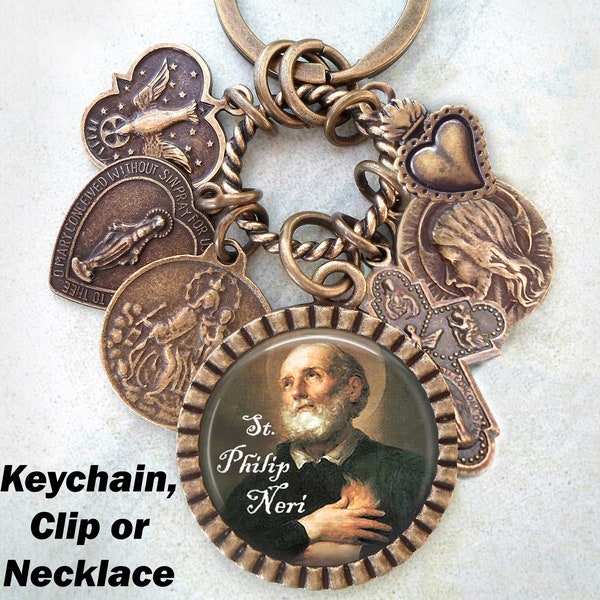 Saint Philip Neri Necklace, Keychain or Clip, Patron Saint of Joy, Laughter, Writers, Comedians, Artists, USA Special Forces and Rome, Italy