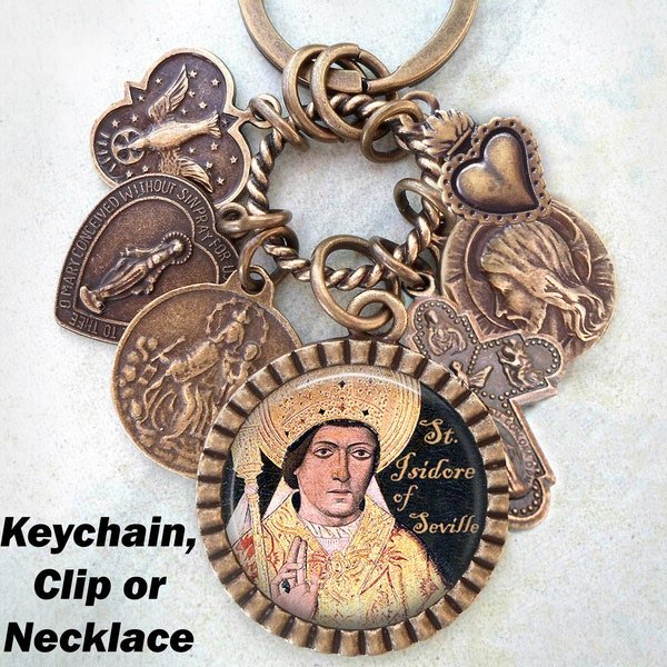 Saint Isidore of Seville Necklace, Clip or Keychain, Patron Saint of Students, Computer Techs and Programmers, the Internet