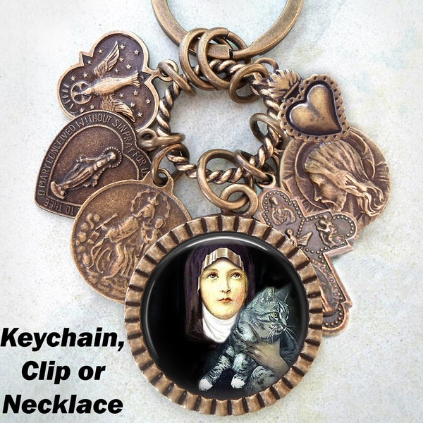St. Gertrude of Nivelles Necklace, Keychain or Clip, Patron Saint of Cats and People who Love Them, Confirmation Gift, Catholic Jewelry