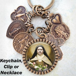 St. Therese of Lisieux with Roses Keychain, Clip or Necklace, Patron Saint, Confirmation Gift, Catholic Jewelry, Handcrafted with lOve!