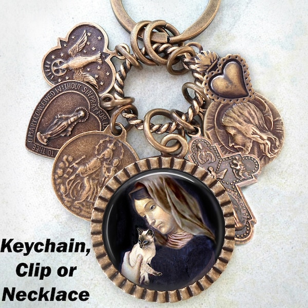 St. Gertrude of Nivelles with Siamese Cat Keychain, Clip or Necklace, Patron Saint of Cats and People who Love Them, Confirmation, Catholic
