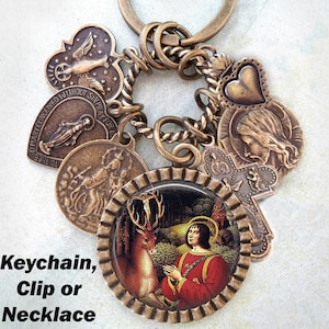 St. Hubert Necklace, Clip or Keychain, Saint Hubertus, Apostle of Ardennes, Patron Saint of Hunters, Opticians, Mathematicians, Metalworkers