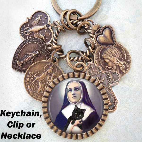 St. Gertrude of Nivelles w-Black Cat Keychain, Clip or Necklace, Patron Saint of Cats and People who Love Them, Confirmation Gift, Catholic