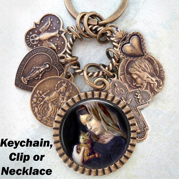 St. Gertrude van Nijvel Clip, ketting of sleutelhanger, patroonheilige van katten en mensen die van ze houden, bevestigingsgeschenk, katholieke sieraden