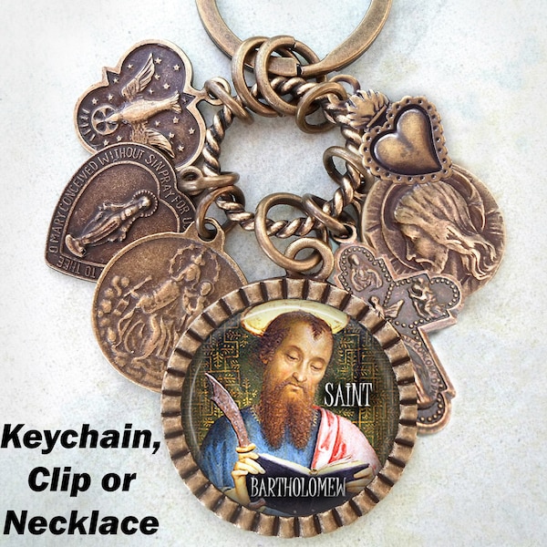 Saint Bartholomew Keychain, Clip or Necklace, Patron Saint of Skin and Neurological Diseases, Leather Workers, Plasterers, Dermatology