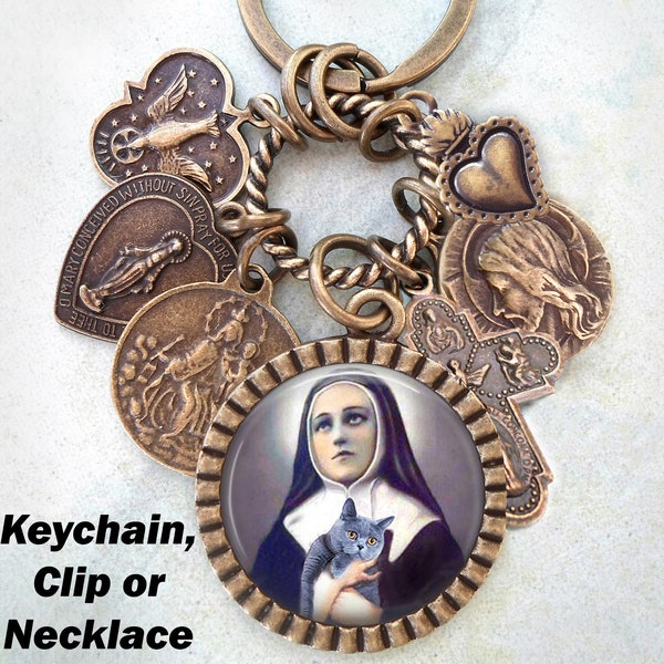 St. Gertrude van Nijvel sleutelhanger, clip of ketting, patroonheilige van katten en mensen die van ze houden, bevestigingsgeschenk, katholieke sieraden