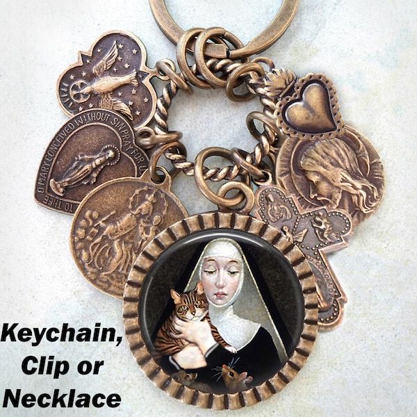 St. Gertrude van Nijvel ketting, clip of sleutelhanger, patroonheilige van katten en mensen die van ze houden, bevestigingsgeschenk, katholieke sieraden