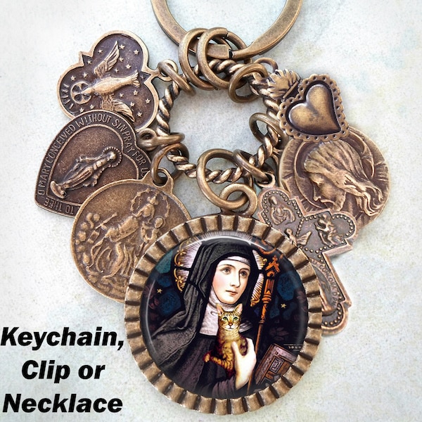 St. Gertrude of Nivelles Necklace, Clip or Keychain, Confirmation Gift, Patron Saint of Cats and People who Love Them, Catholic Jewelry