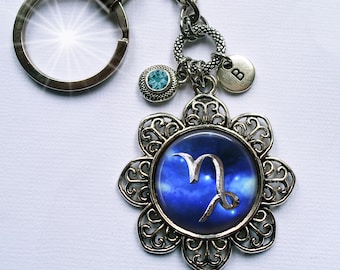 Capricorn Symbol Keychain or Zipper Pull with Sparkling Birthstone Crystal & Letter Charm, Capricorn Zodiac, December 22-January 20 Birthday