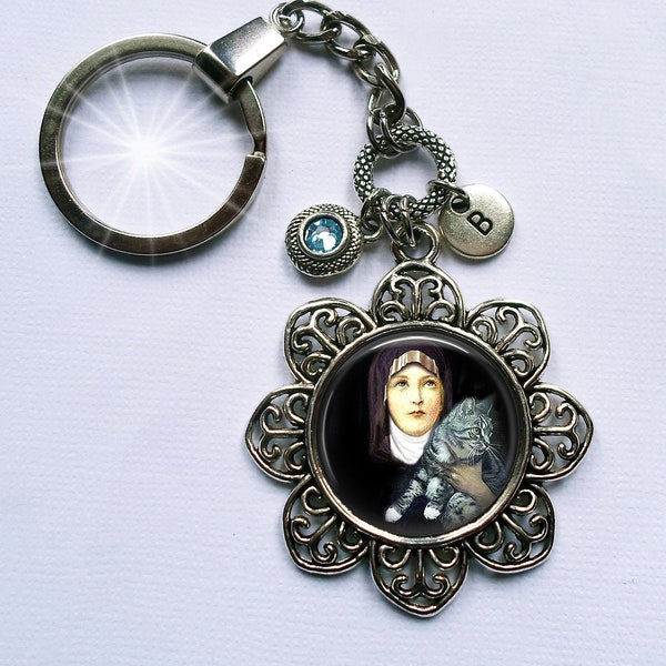 St. Gertrude of Nivelles with Gray Tabby Keychain or Zipper Pull with Birthstone Crystal & Letter Charm, Patron Saint of Cats, Bless My Cat