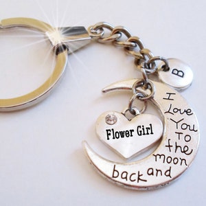 Flower Girl I Luv You to the Moon and Back Keychain or Zipper Pull with Letter Charm of Your Choice, Handcrafted with lOve