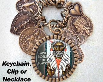 Collar, llavero o clip de San Moisés el Negro, Moisés el Fuerte, Santo Patrón de África y la No Violencia, Hecho a mano con amor