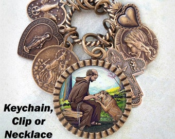 Patroonheilige van de dieren, St. Franciscus van Assisi ketting, clip of sleutelhanger, bevestigingsgeschenk, patroonheilige, katholieke sieraden, gemaakt met liefde!