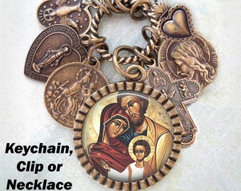 The Holy Family Keychain, Clip or Necklace, Jesus with Mary & Joseph, Confirmation Gift, Religious, Catholic Jewelry, Handcrafted with lOve!